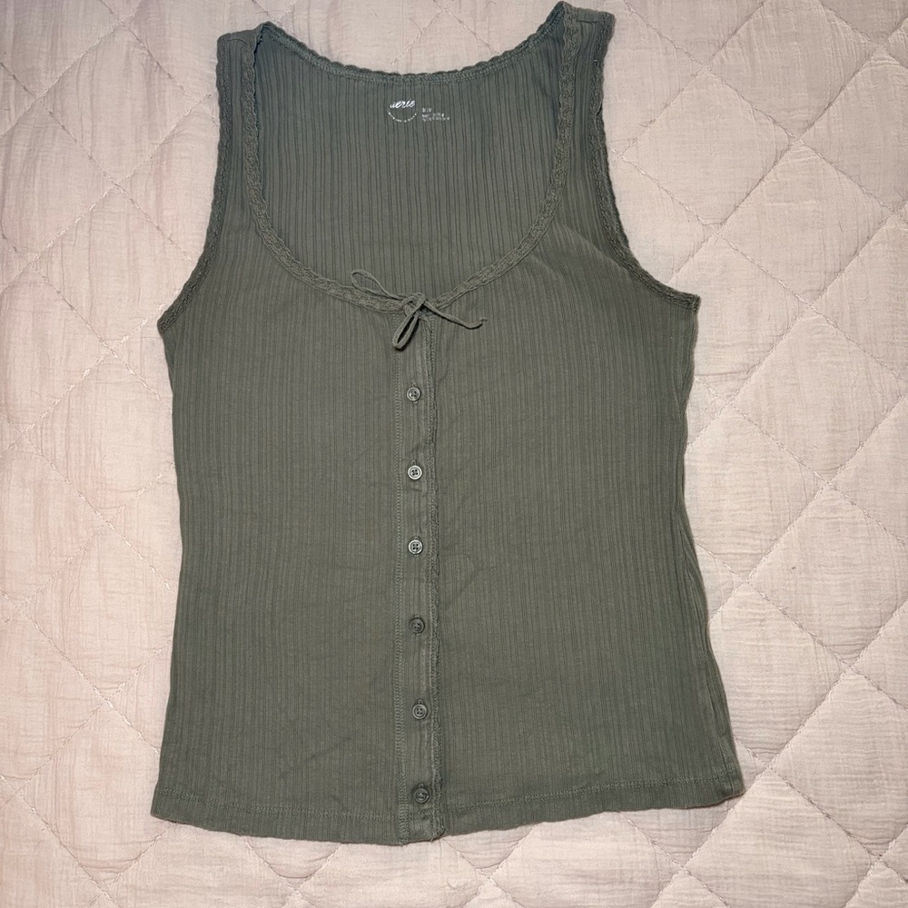 aerie Olive Green Ribbed Button Tank